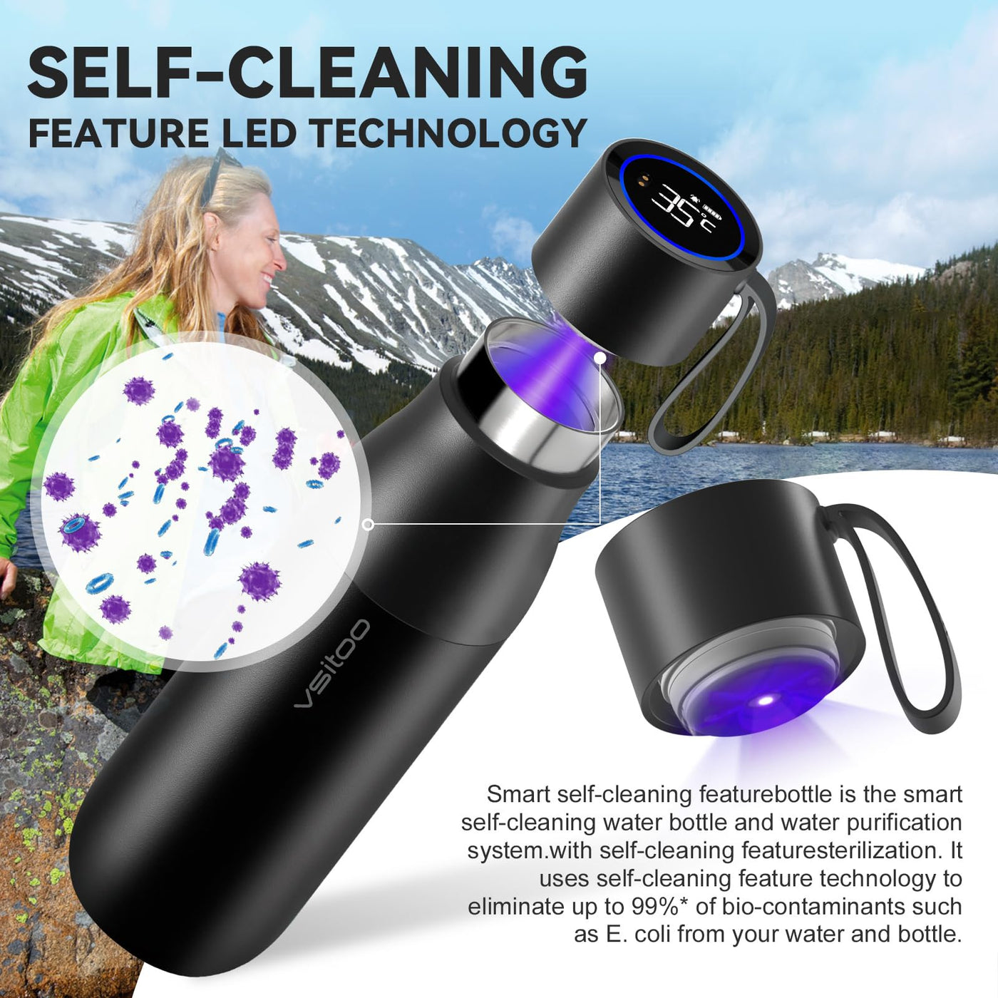 VSITOO 33 oz Smart Self-Cleaning Water Bottle,Stainless Steel Vacuum Flask,BPA-Free, One-Touch Clean,30-Day Battery, Magnetic Charging,Portable Bottle for Travel,Gym or Office,Black - Dreamchaser Headquarters
