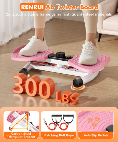 RENRUI Waist Twisting Machine Fitness Tool, Ab Twister Board with the Smart LED Digital Monitor, 300lbs Capacity & 20dB Ultra-Quiet, Anti-Slip Home Gym Workout Equipment for Women (Pink)