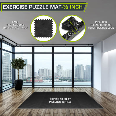 ProsourceFit Puzzle Exercise Mat ½ in, EVA Interlocking Foam Floor Tiles for Home Gym, Mat for Home Workout Equipment, Floor Padding for Kids, Black, 24 in x 24 in x ½ in, 24 Sq Ft - 6 Tiles - Dreamchaser Headquarters