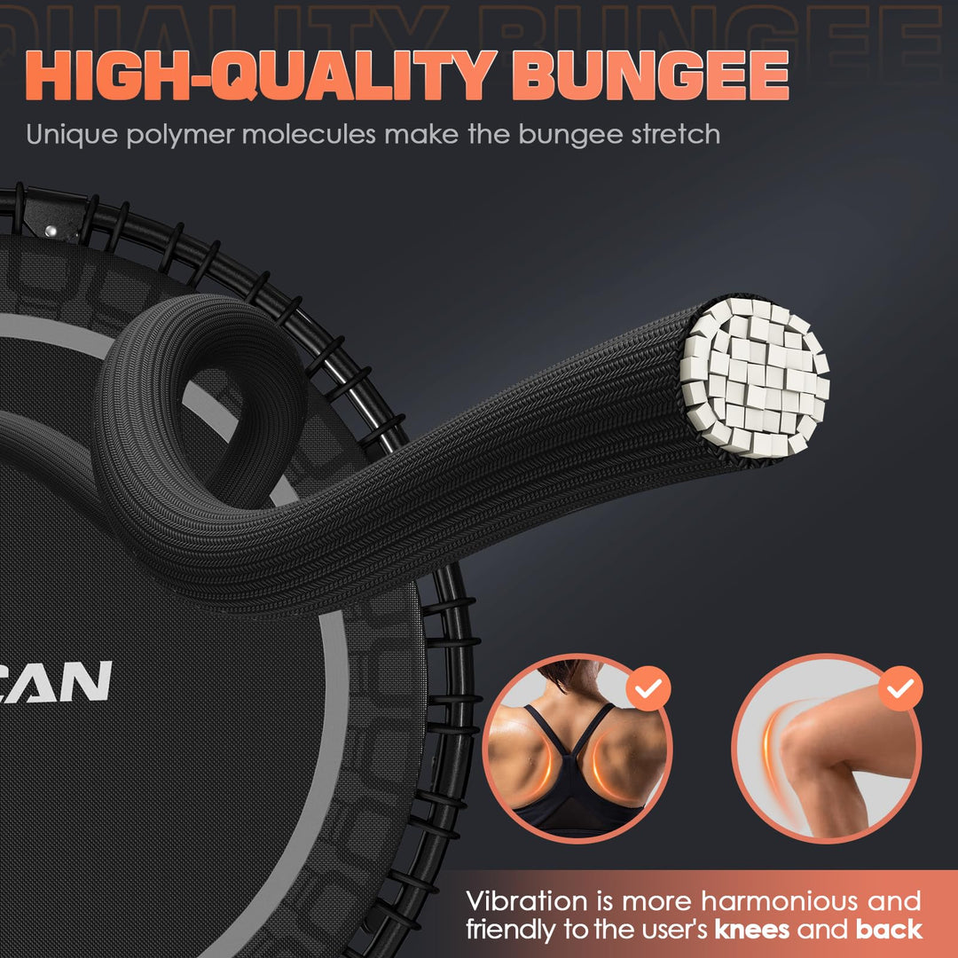User exercising on BCAN Adult Mini Trampoline highlighting the product’s design for knee and back protection.