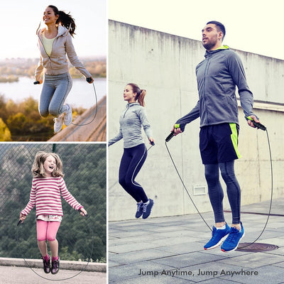 Stylish tangle-free jump rope with foam handles, perfect for men, women, and kids seeking fun fitness solutions.