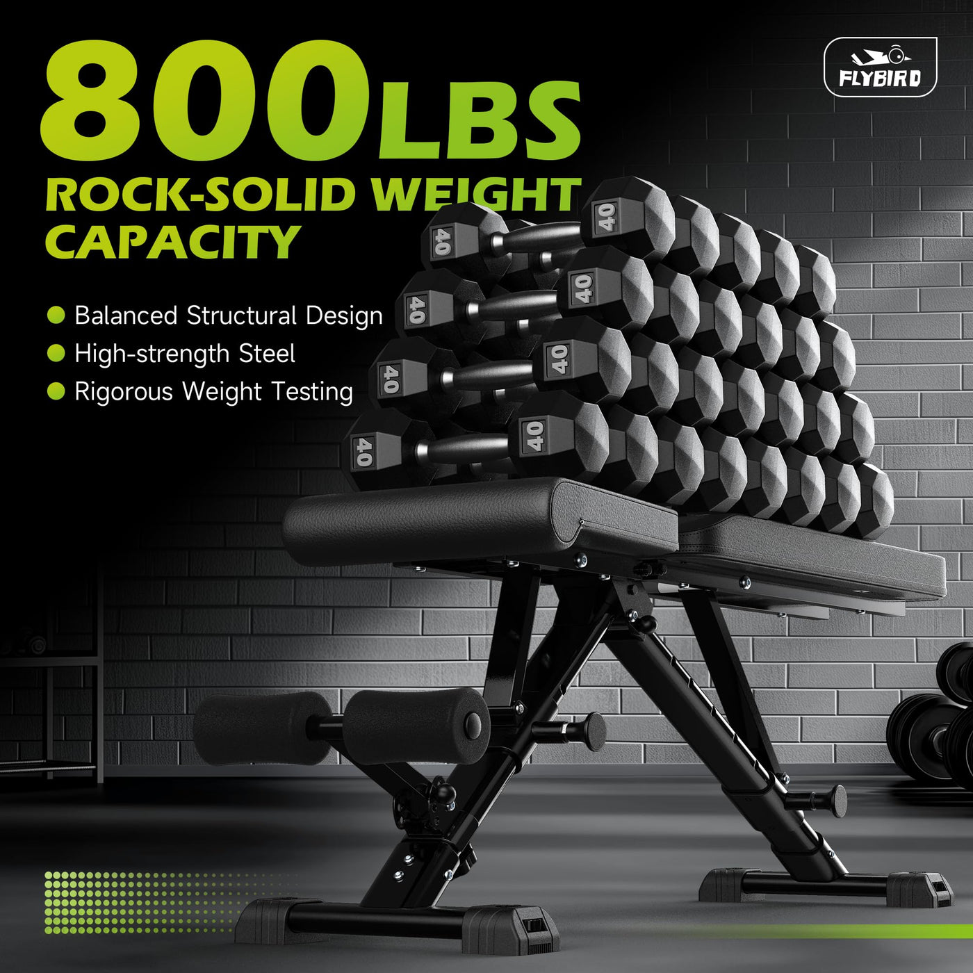 FLYBIRD Adjustable Weight Bench with easy-to-use one-hand adjustment feature, highlighting 8 back and 3 seat positions for versatile workouts.