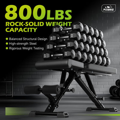FLYBIRD Adjustable Weight Bench with easy-to-use one-hand adjustment feature, highlighting 8 back and 3 seat positions for versatile workouts.