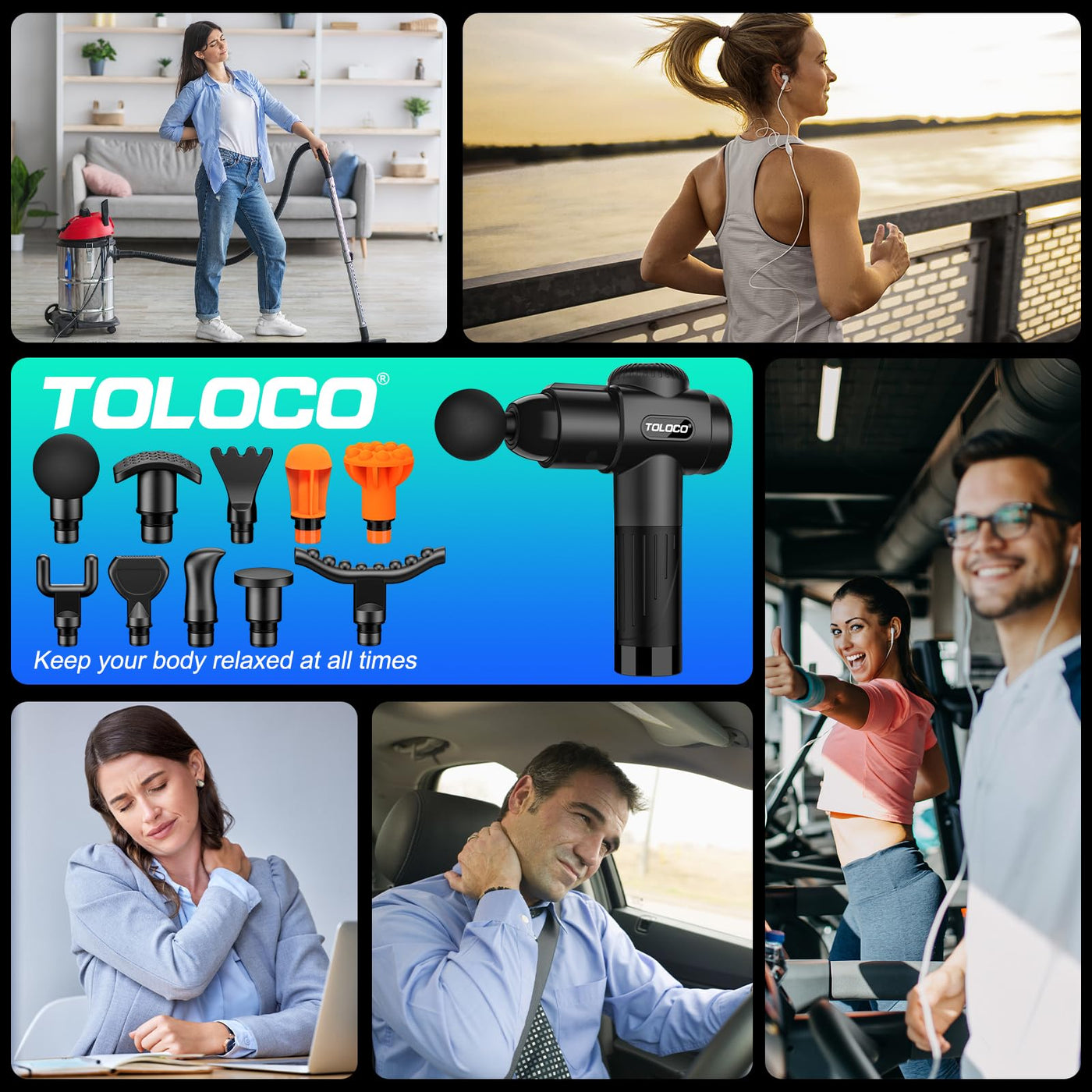 TOLOCO Massage Gun's ergonomic design, emphasizing its portability and ease of use as a percussion massager with multiple heads for home or gym.