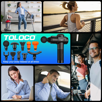 TOLOCO Massage Gun's ergonomic design, emphasizing its portability and ease of use as a percussion massager with multiple heads for home or gym.
