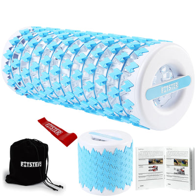 A fitness enthusiast using the collapsible foam roller during a yoga session, showcasing its multifunctional use.