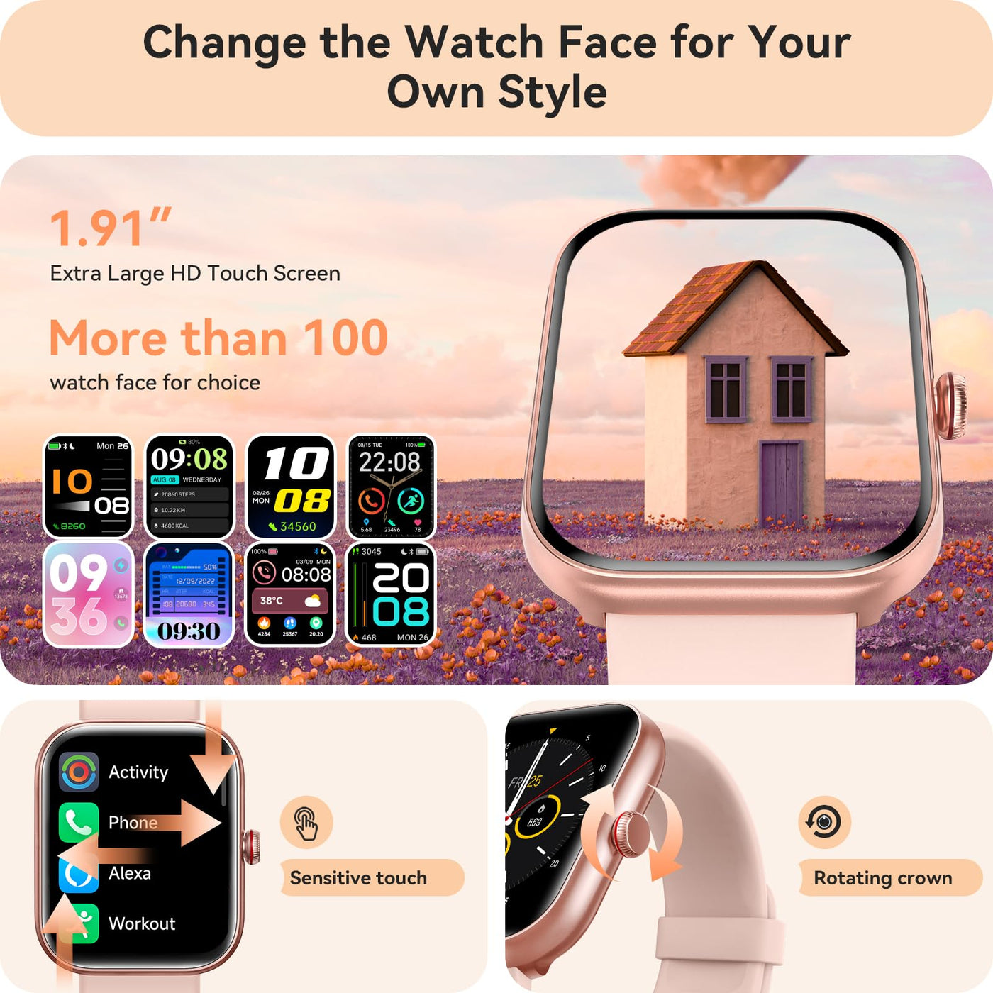 Smart Watch for Women Men, Smartwatch for iPhone & Android Bluetooth (Answer/Call) Built-in Alexa, 1.91" HD Fitness Tracker with 105+ Sport Modes, IP68 Waterproof, Sleep/Heart Rate/SpO2/Stress Monitor - Dreamchaser Headquarters