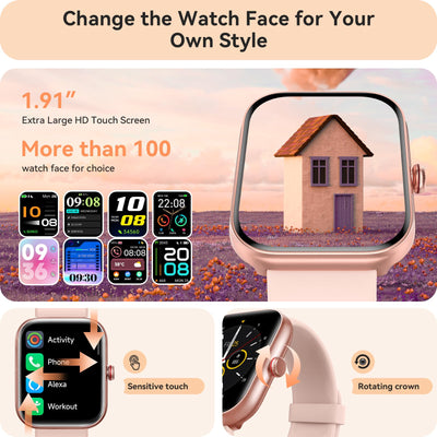 Smart Watch for Women Men, Smartwatch for iPhone & Android Bluetooth (Answer/Call) Built-in Alexa, 1.91" HD Fitness Tracker with 105+ Sport Modes, IP68 Waterproof, Sleep/Heart Rate/SpO2/Stress Monitor - Dreamchaser Headquarters