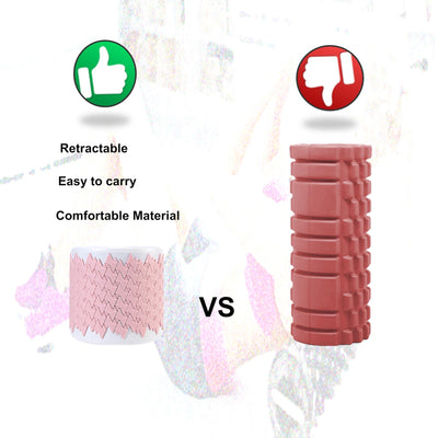 The collapsible foam roller next to a set of dumbbells, indicating its compatibility with various workout routines.