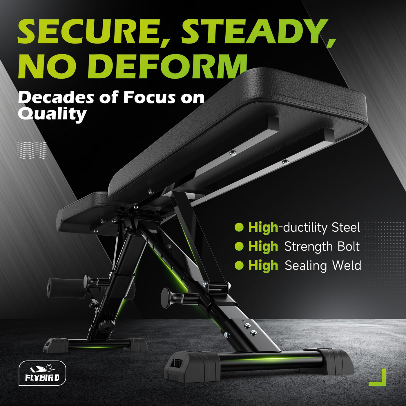 Image of the FLYBIRD Adjustable Weight Bench demonstrating its sturdy design and 800 LBS rock-solid weight capacity, ideal for home gym enthusiasts.