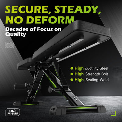 Image of the FLYBIRD Adjustable Weight Bench demonstrating its sturdy design and 800 LBS rock-solid weight capacity, ideal for home gym enthusiasts.
