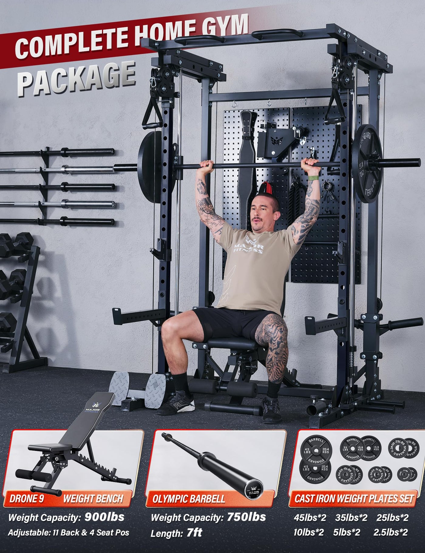 Major Fitness Drone3 Machine – All-in-One Home Gym Squat Rack with Weight Bar, Cable Crossover Machine - Dreamchaser Headquarters