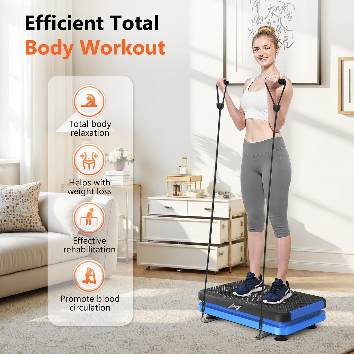AXV Vibration Plate used with resistance bands, a versatile weight loss vibrating platform for total body workouts.