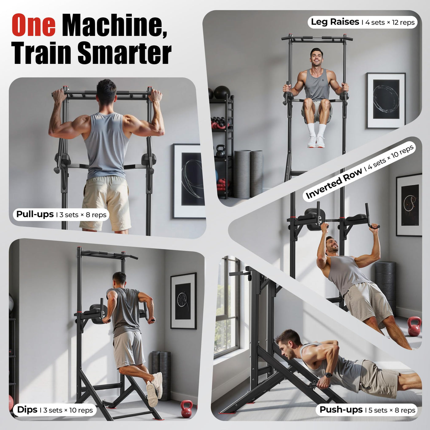Different angles of the Sportsroyals Power Tower displaying the pull up bar for home gym flexibility.