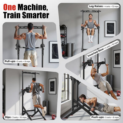 Different angles of the Sportsroyals Power Tower displaying the pull up bar for home gym flexibility.