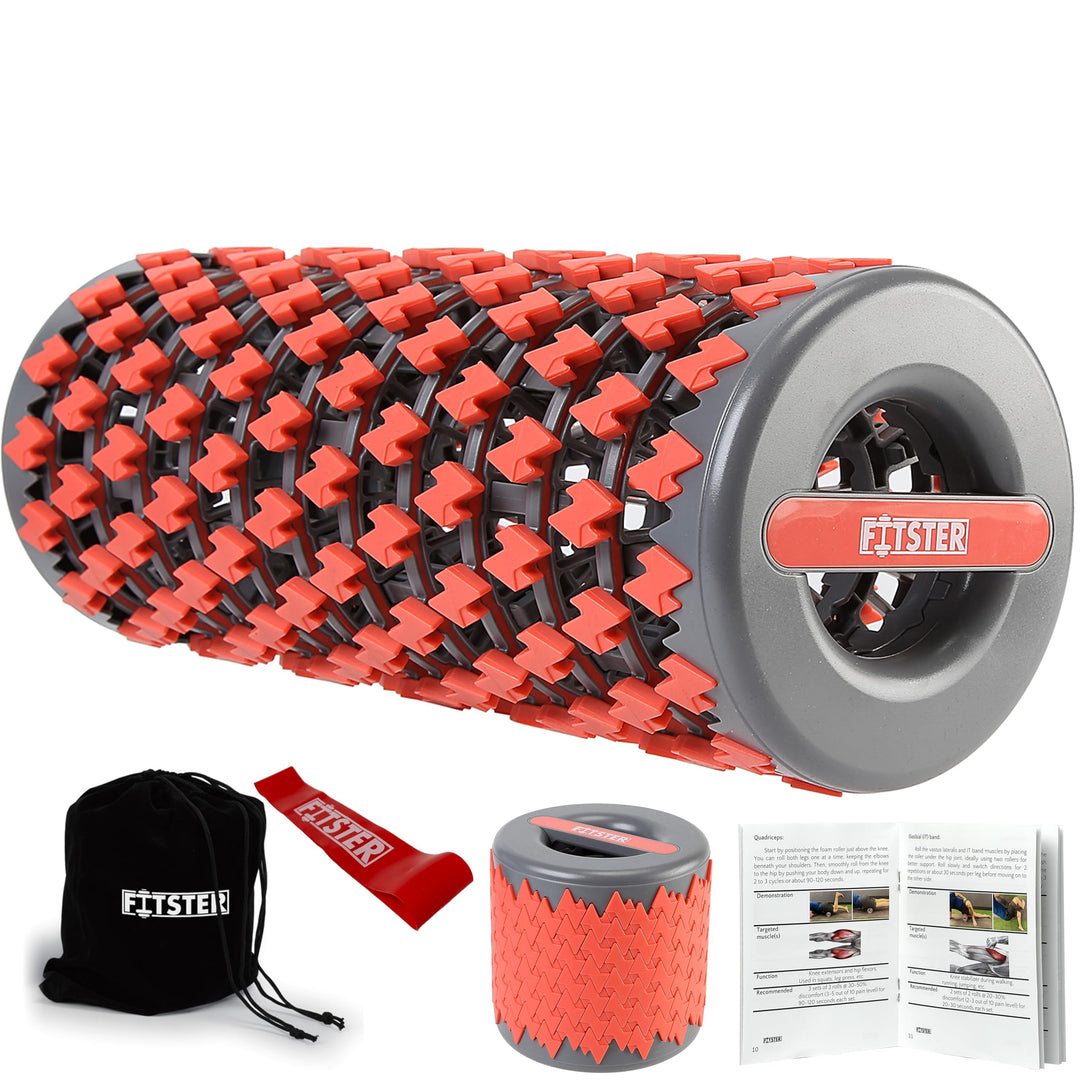 Collapsible foam roller alongside a water bottle and towel, demonstrating an ideal workout setup.
