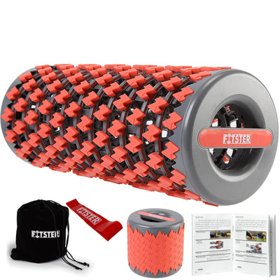 Collapsible foam roller alongside a water bottle and towel, demonstrating an ideal workout setup.