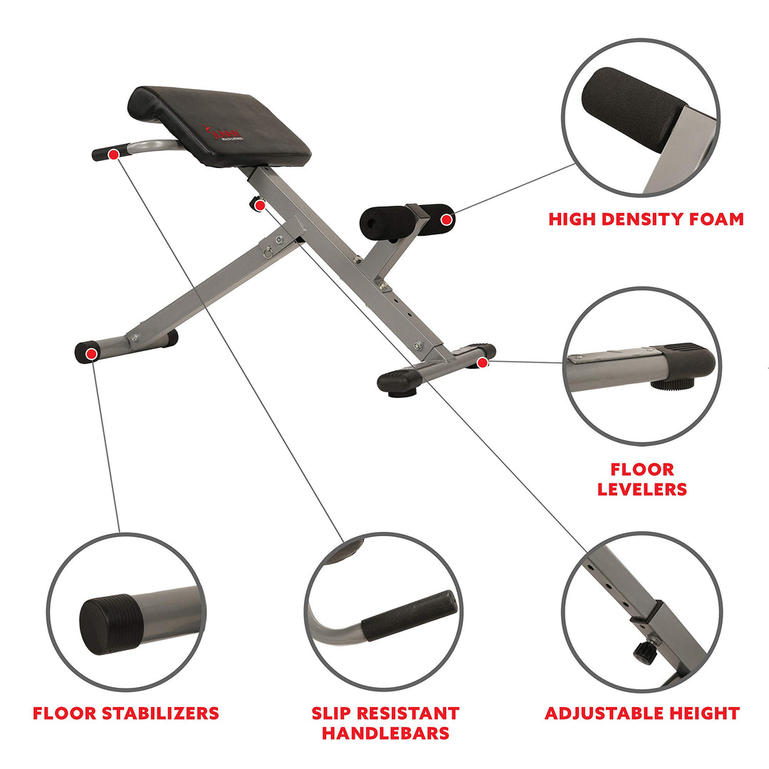 Sunny Health &amp; Fitness 45-Degree Hyperextension Roman Chair with Adjustable Height and Back, Glute, Hamstring, and Ab Workouts Foldable Sit Up Gym Bench for Home, Gray - SF-BH6629 - Dreamchaser Headquarters