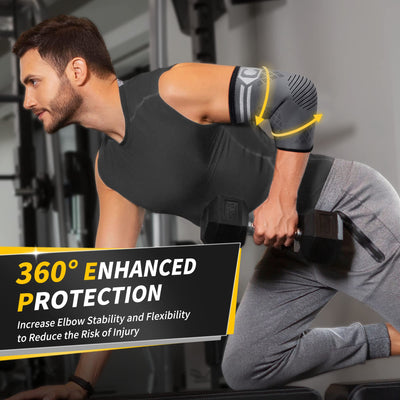 Rear view of the CAMBIVO elbow brace for tendonitis, focusing on comfort and fit.