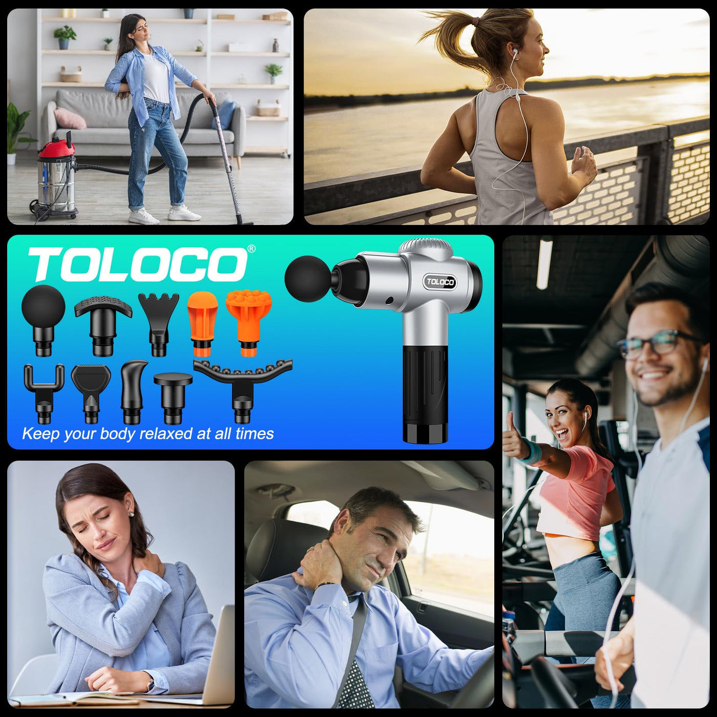 TOLOCO Massage Gun with charging cable, showcasing convenience and usability as a percussion massager with multiple heads.