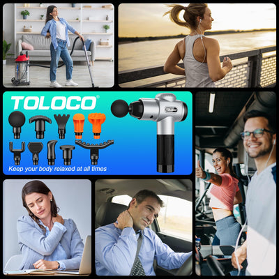 TOLOCO Massage Gun with charging cable, showcasing convenience and usability as a percussion massager with multiple heads.