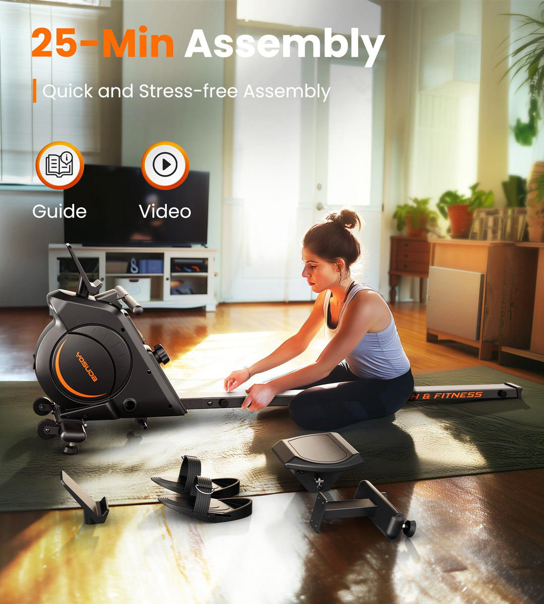 User enjoying a workout on the YOSUDA Magnetic Rowing Machine with a tablet holder.