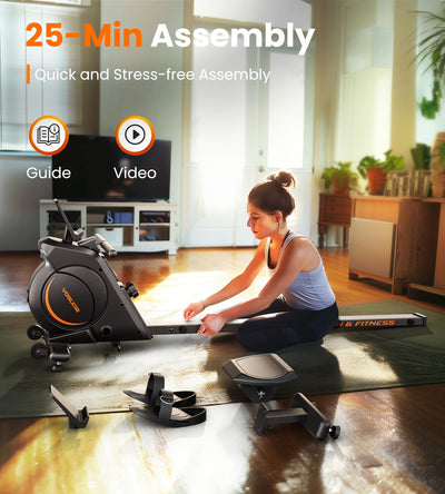 User enjoying a workout on the YOSUDA Magnetic Rowing Machine with a tablet holder.