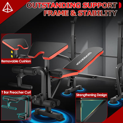Features of OPPSDECOR 6 in 1 Weight Bench Set illustrated, perfect home gym equipment for versatile workout routines.