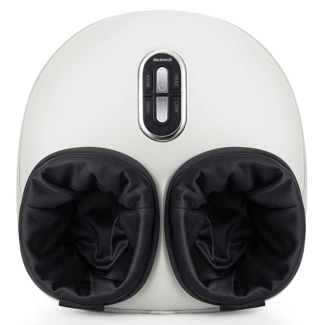 Person adjusting the air compression settings on the Nekteck Foot Massager, personalized deep tissue foot therapy.