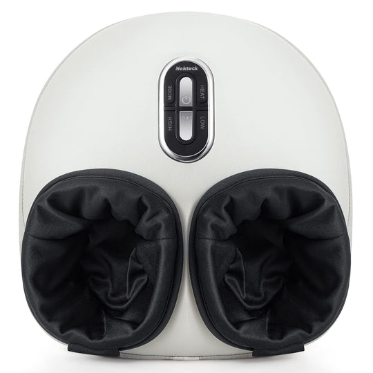 Person adjusting the air compression settings on the Nekteck Foot Massager, personalized deep tissue foot therapy.
