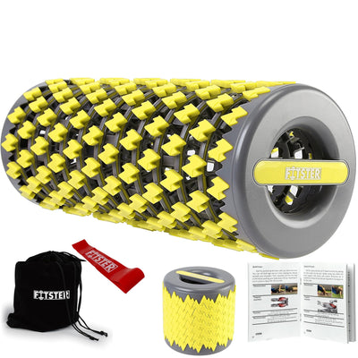 Collapsible foam roller featured in a fitness magazine layout, promoting its practicality for exercise enthusiasts.