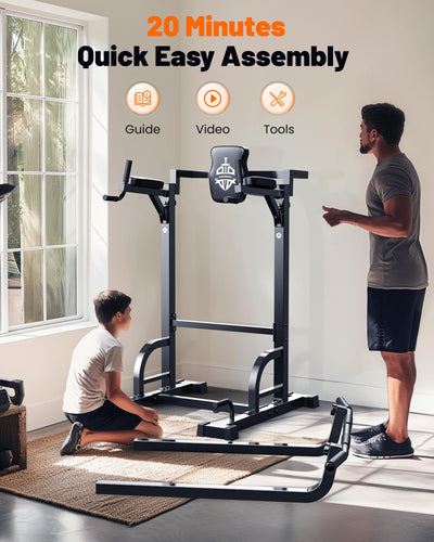 Adjustable height settings of the Sportsroyals Power Tower's pull up bar for home gym, catering to different users.