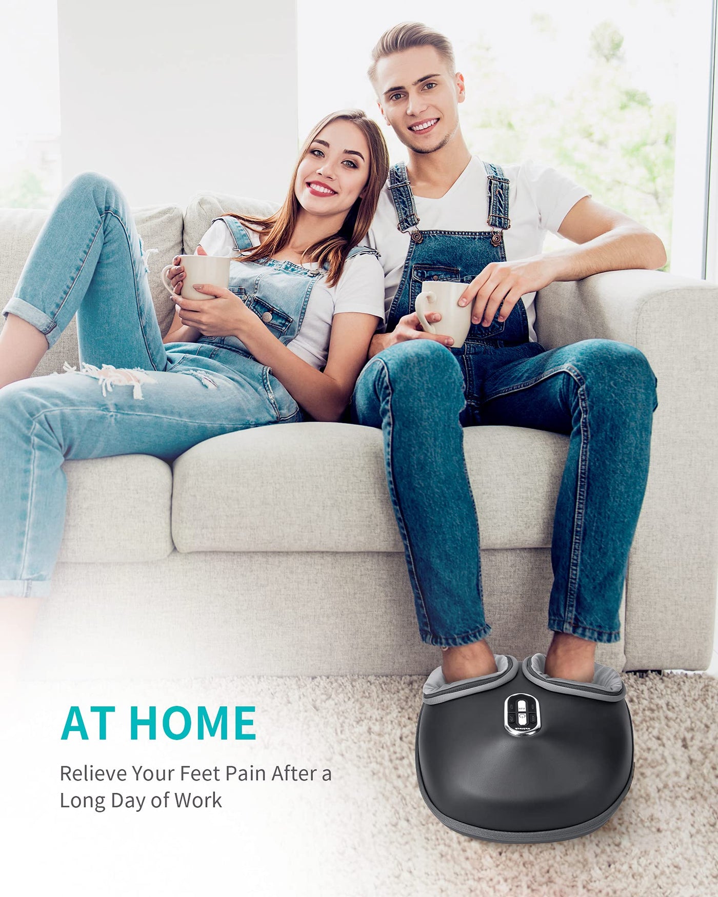 Lifestyle image of the Nekteck Foot Massager in a cozy living room setting, ideal for deep tissue foot therapy.