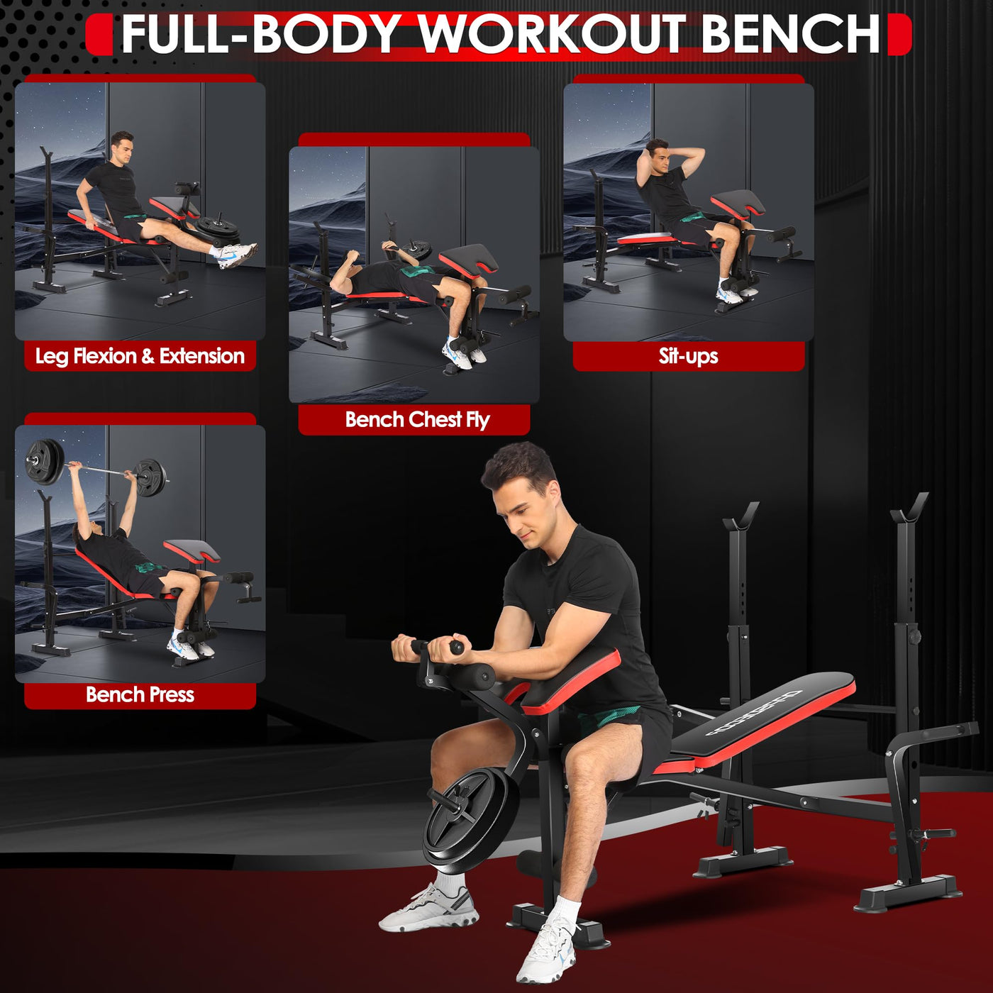 Highlighting the bench's padding and comfort of OPPSDECOR Weight Bench Set, key aspect of quality home gym equipment.