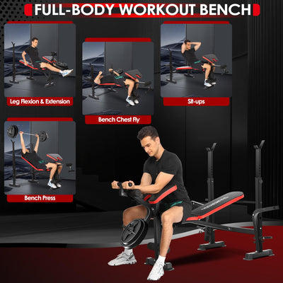 Highlighting the bench's padding and comfort of OPPSDECOR Weight Bench Set, key aspect of quality home gym equipment.