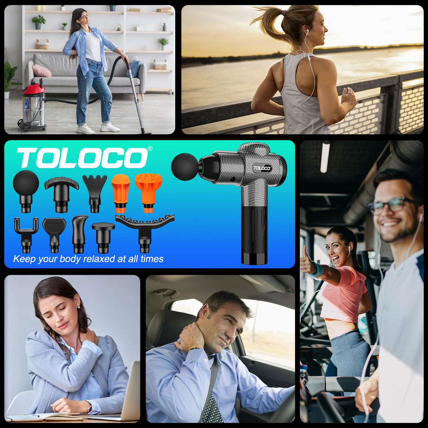 Happy recipient unboxing the TOLOCO Massage Gun, a perfect gift idea as a percussion massager with multiple heads for holidays.