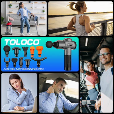 Happy recipient unboxing the TOLOCO Massage Gun, a perfect gift idea as a percussion massager with multiple heads for holidays.
