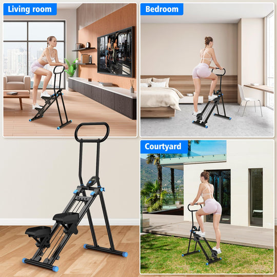 A fitness enthusiast demonstrating the adjustable armrests on the HXD-ERGO vertical climber machine.