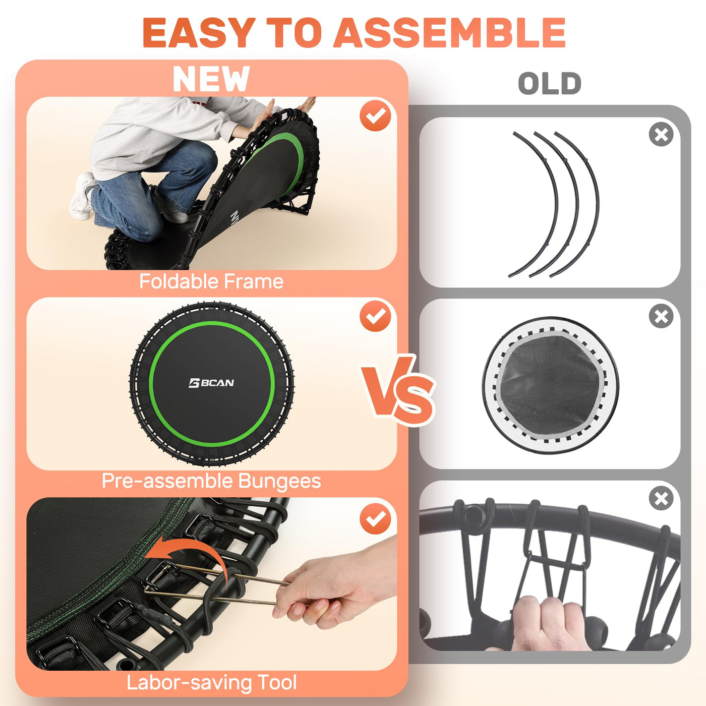 BCAN Adult Mini Trampoline’s strong bungee cords supporting a high weight capacity of 450 LBS, perfect for fitness routines.