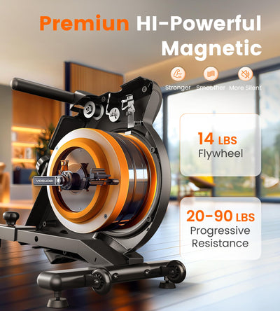 Profile view of the YOSUDA Magnetic Rowing Machine displaying its sleek frame and features.