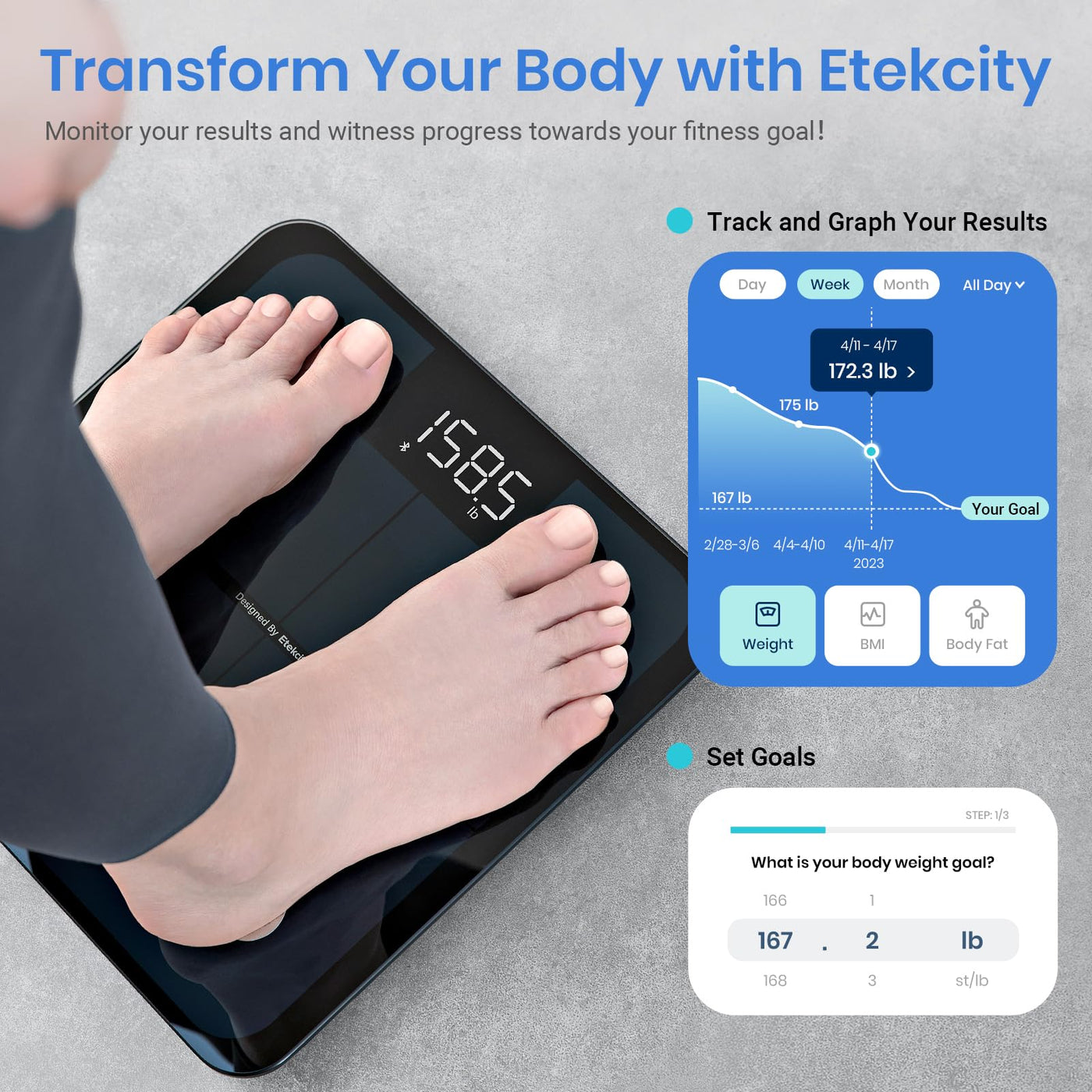 Etekcity Smart Scale for Body Weight on a bathroom floor, emphasizing its Bluetooth body composition scale capabilities.