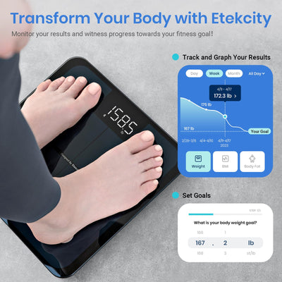 Etekcity Smart Scale for Body Weight on a bathroom floor, emphasizing its Bluetooth body composition scale capabilities.