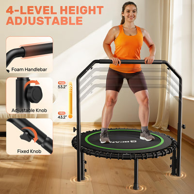 User demonstrating the BCAN fitness trampoline with handle, showcasing a fun and effective way to exercise indoors.