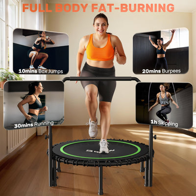 BCAN fitness trampoline with handle in use, showing stability and safety for a variety of users during workouts.