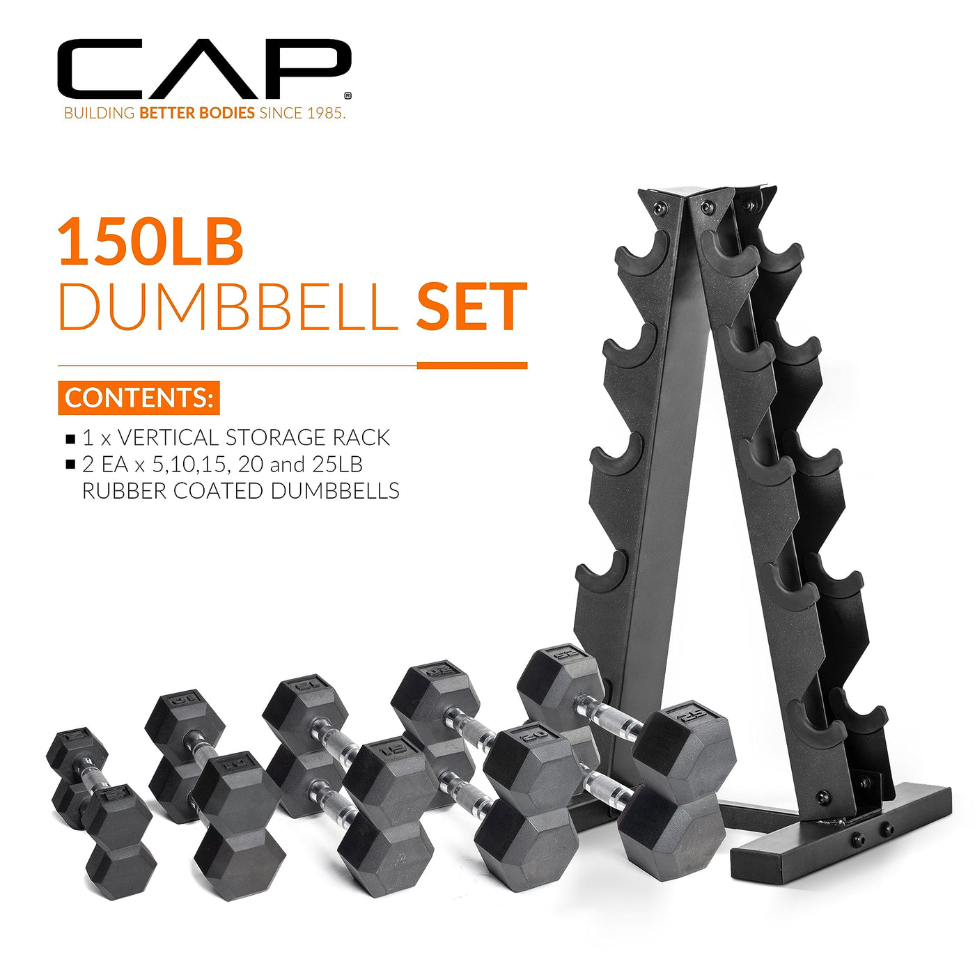 Display of the hex dumbbells with rack, part of the CAP Barbell 150 LB Coated Set.