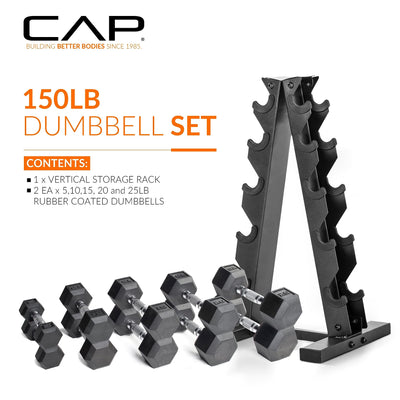 Display of the hex dumbbells with rack, part of the CAP Barbell 150 LB Coated Set.