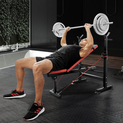 User demonstrating preacher curls on OPPSDECOR 6 in 1 Weight Bench Set, essential home gym equipment for bicep training.