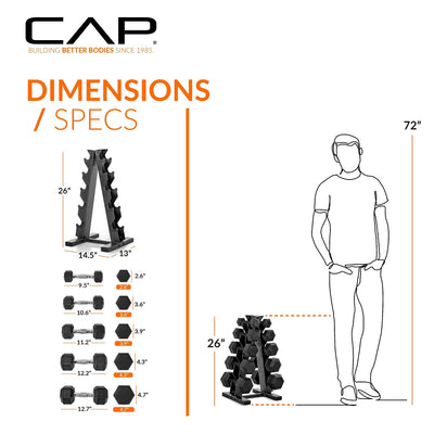 Full view of the CAP Barbell 150 LB hex dumbbells with rack, perfect for home workouts.