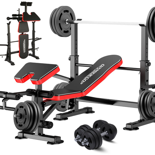 OPPSDECOR 660lbs 6 in 1 Weight Bench Set with Squat Rack - A versatile piece of home gym equipment for strength training, featuring adjustable workout bench and leg developer.