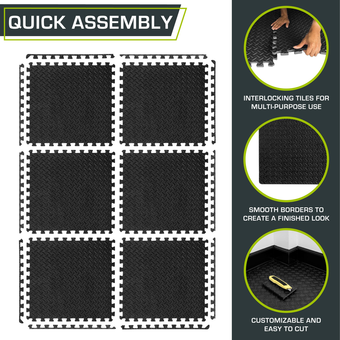 ProsourceFit Puzzle Exercise Mat ½ in, EVA Interlocking Foam Floor Tiles for Home Gym, Mat for Home Workout Equipment, Floor Padding for Kids, Black, 24 in x 24 in x ½ in, 24 Sq Ft - 6 Tiles - Dreamchaser Headquarters
